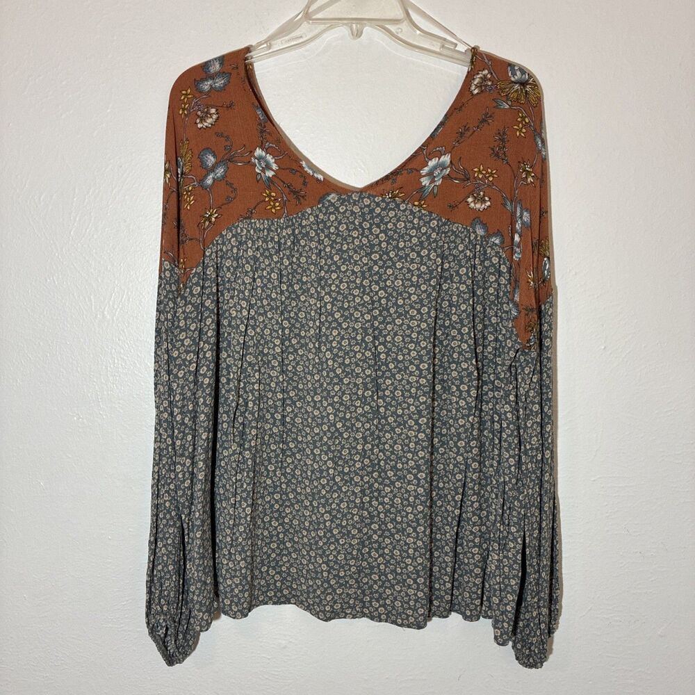 White Birch XL Blouse Terracotta Blue Floral Top Boho - Picture 2 of 8